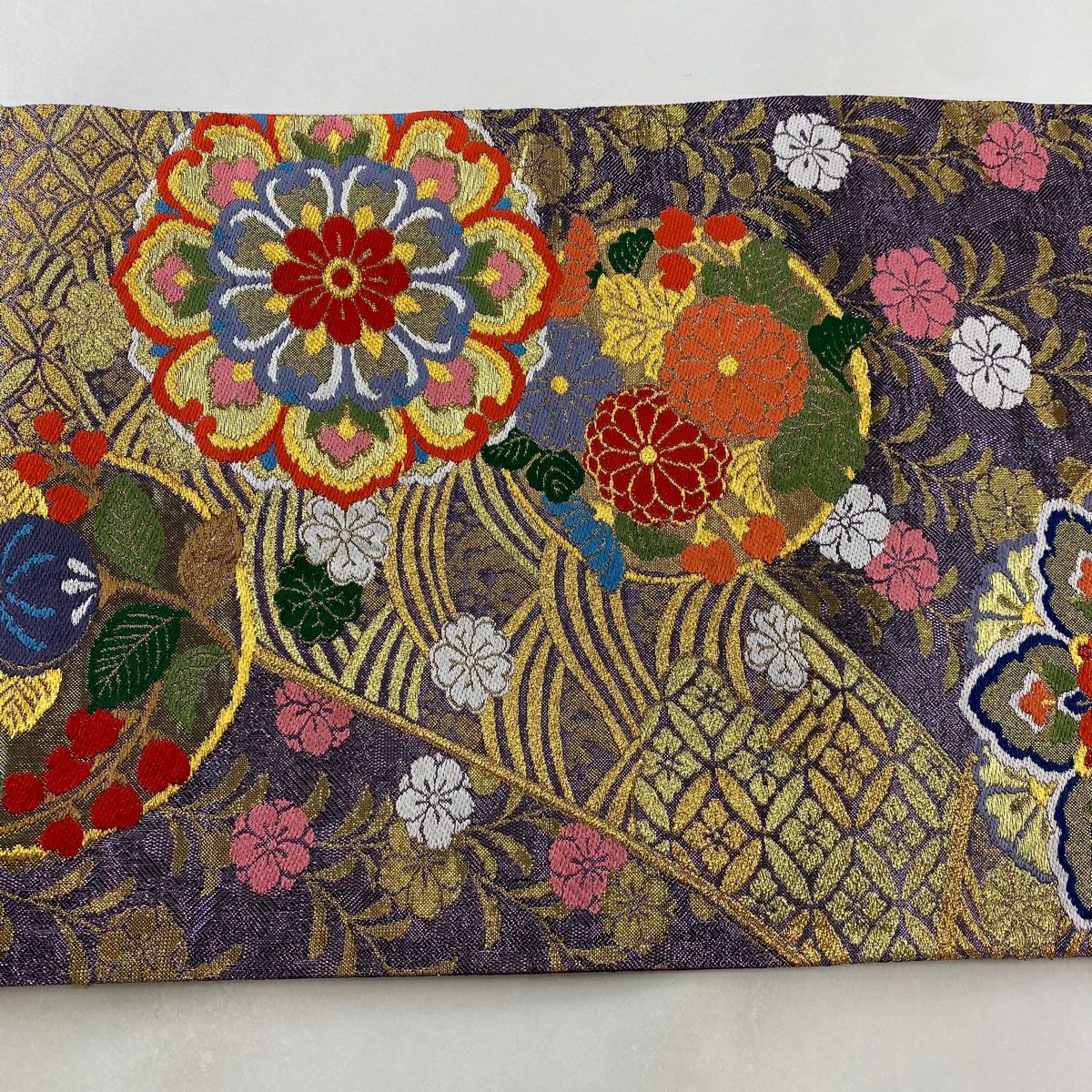 袋帶 美品 秀品級 青海取花丸紋 金糸 金金箔 紫 全通 純蠶絲