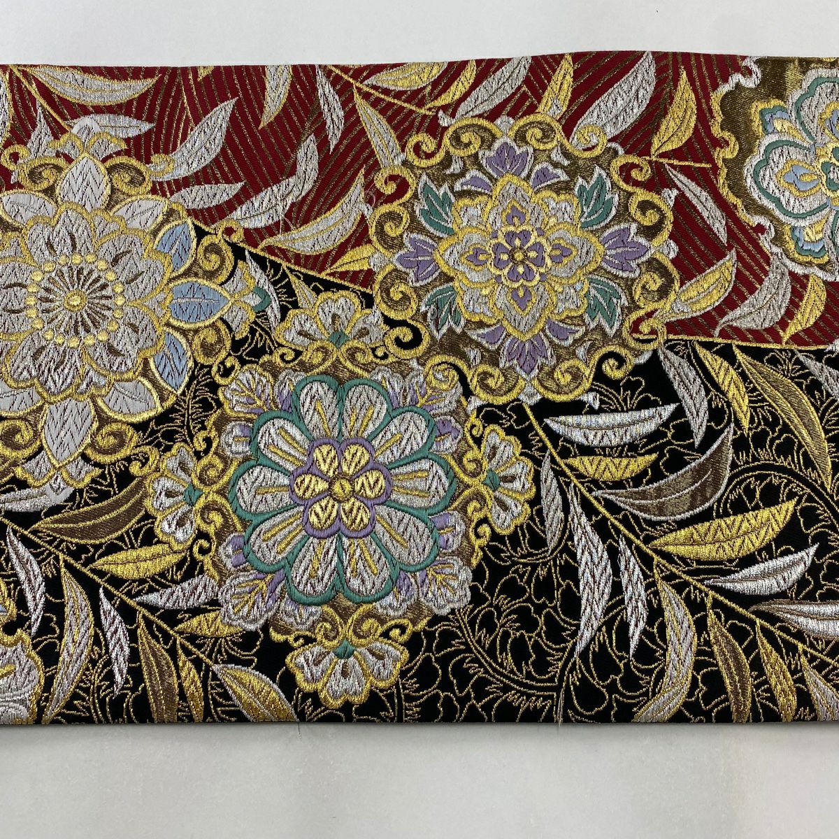 袋帶 秀品級 華紋 草花紋 金銀彩 金金箔 深紅 六通 純蠶絲