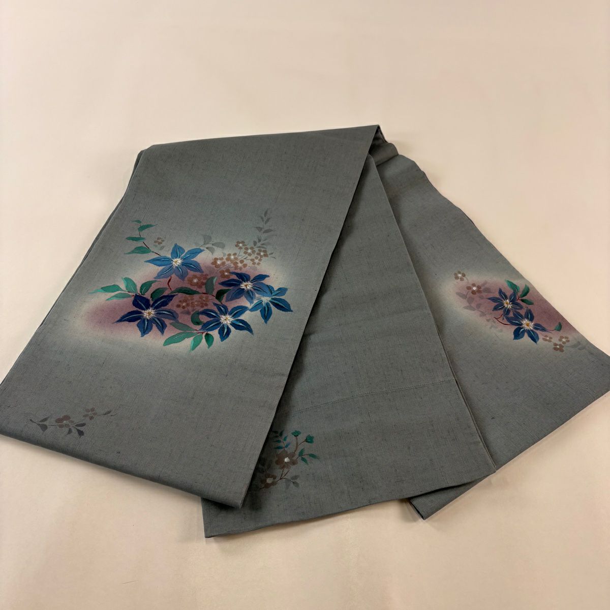 袋帶 秀品級 紬織織 草花紋紋 漸層 青灰 純蠶絲