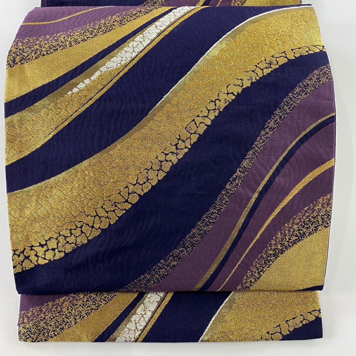 袋帶 美品 秀品級 幾何學 金金箔 金絲 深藍 六通 純蠶絲
