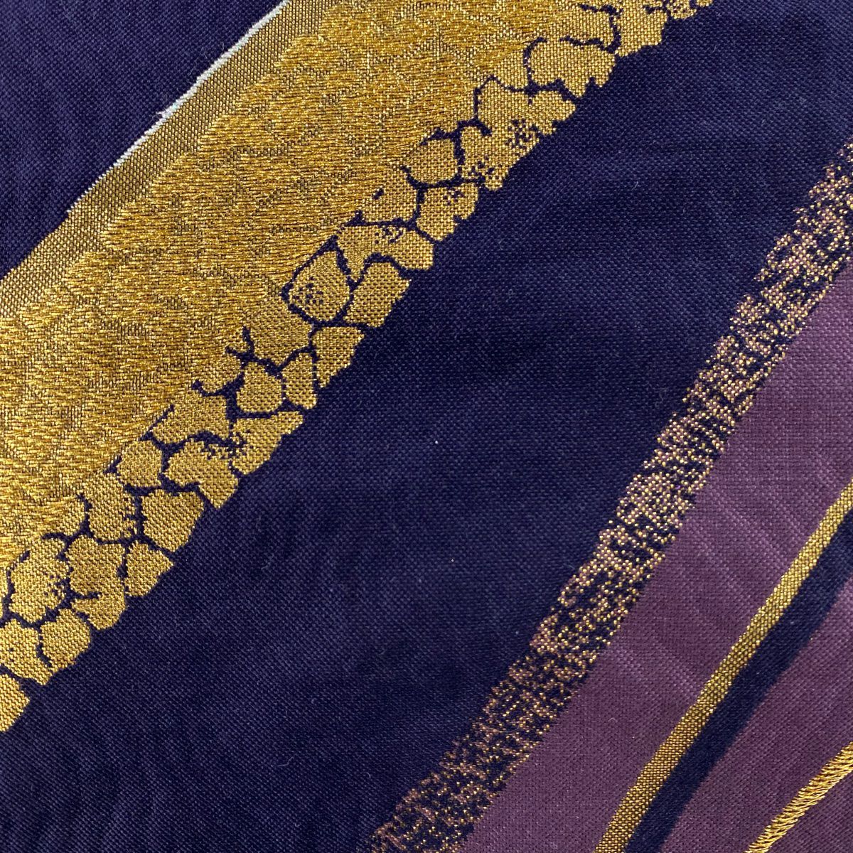 袋帶 美品 秀品級 幾何學 金金箔 金絲 深藍 六通 純蠶絲