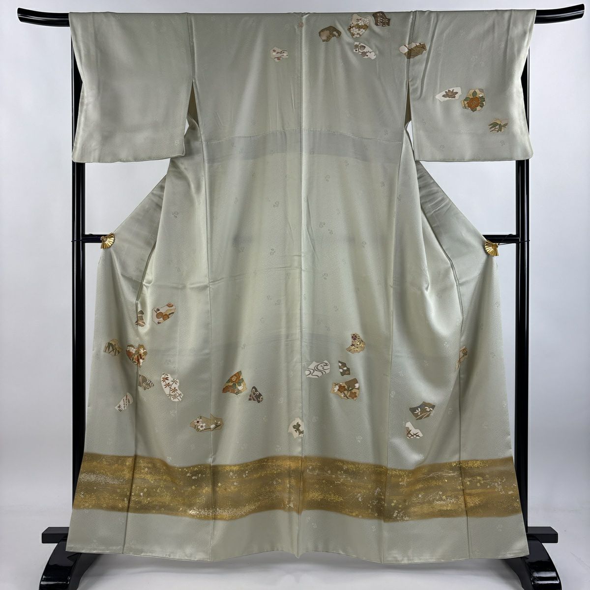 付下 身長163cm 袖長67cm M 雙層 草花紋紋 流水刺繡 金銀彩 灰綠 純蠶絲 秀品級 一つ紋