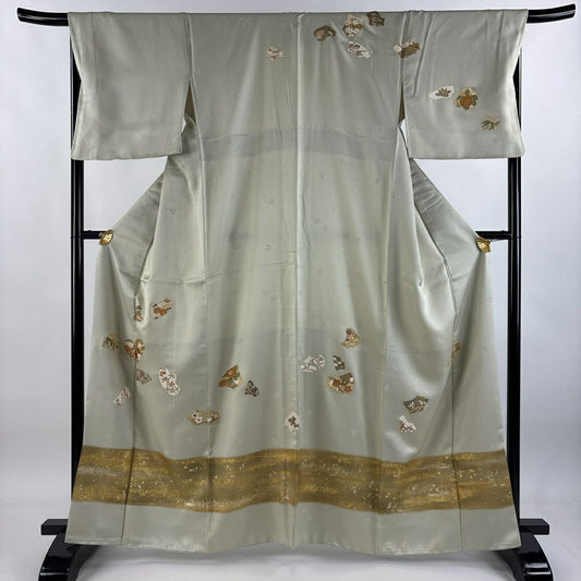 付下 身長163cm 袖長67cm M 雙層 草花紋紋 流水刺繡 金銀彩 灰綠 純蠶絲 秀品級 一つ紋