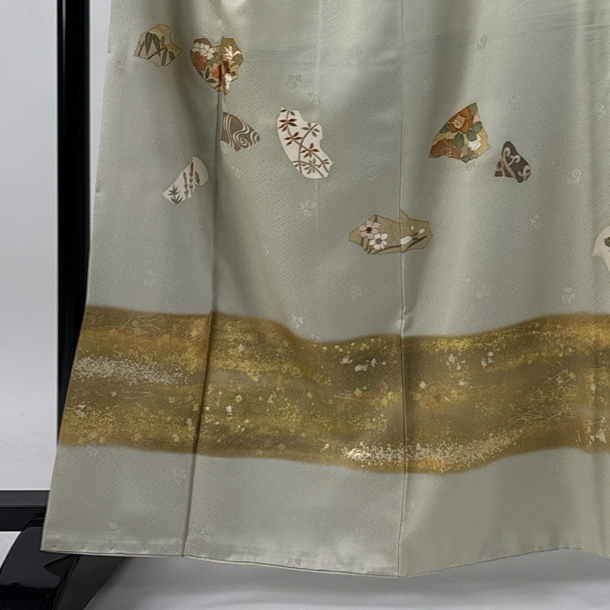 付下 身長163cm 袖長67cm M 雙層 草花紋紋 流水刺繡 金銀彩 灰綠 純蠶絲 秀品級 一つ紋