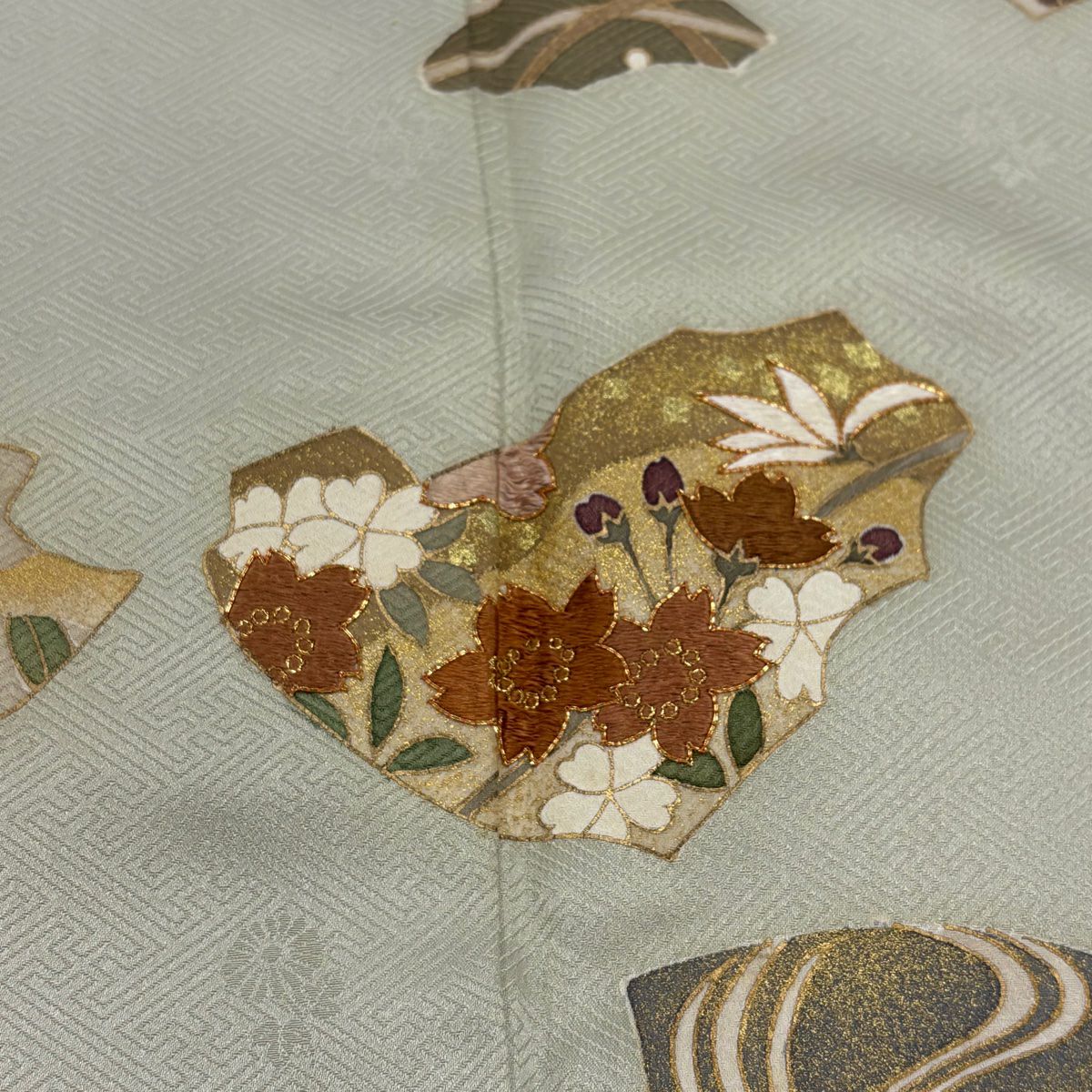 付下 身長163cm 袖長67cm M 雙層 草花紋紋 流水刺繡 金銀彩 灰綠 純蠶絲 秀品級 一つ紋