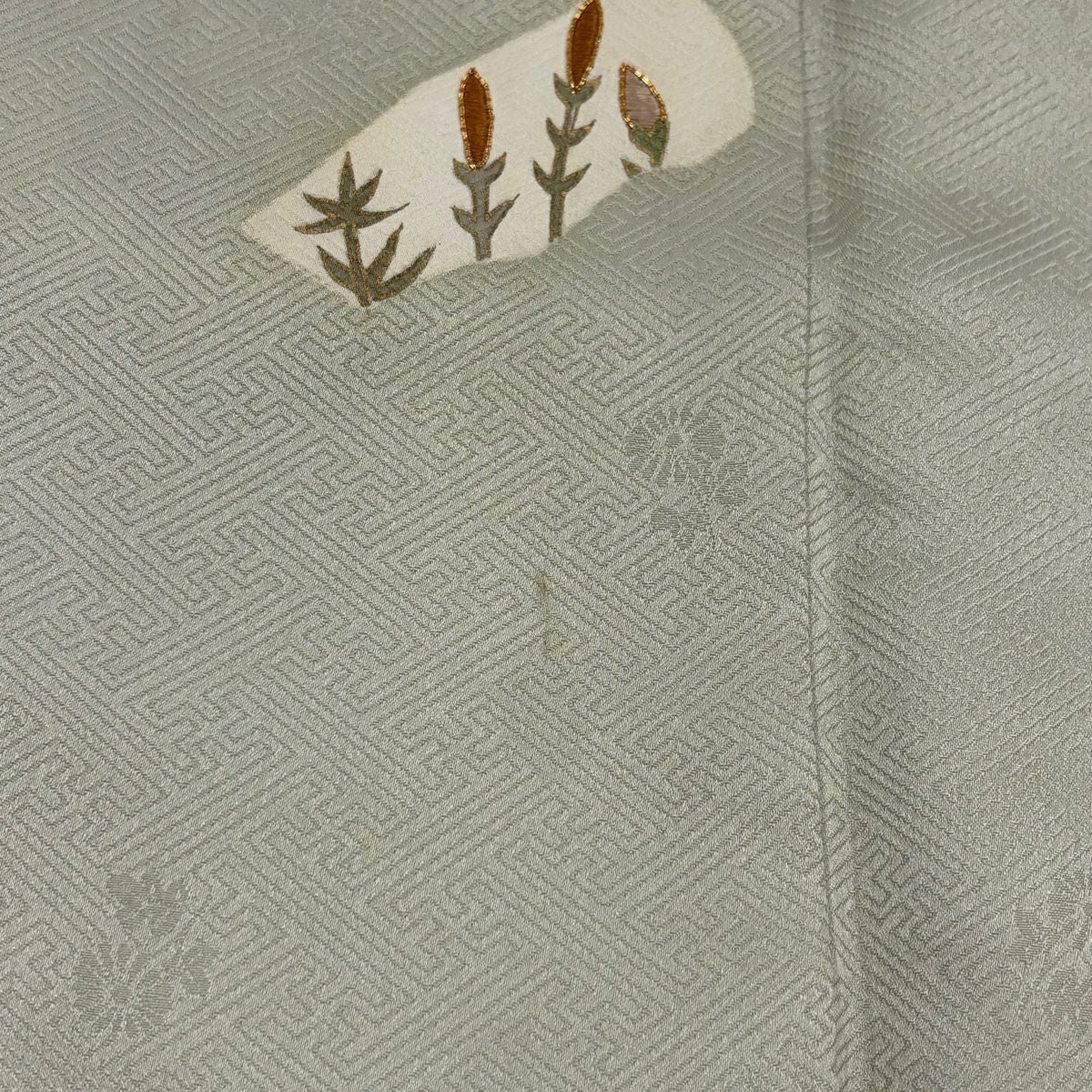 付下 身長163cm 袖長67cm M 雙層 草花紋紋 流水刺繡 金銀彩 灰綠 純蠶絲 秀品級 一つ紋