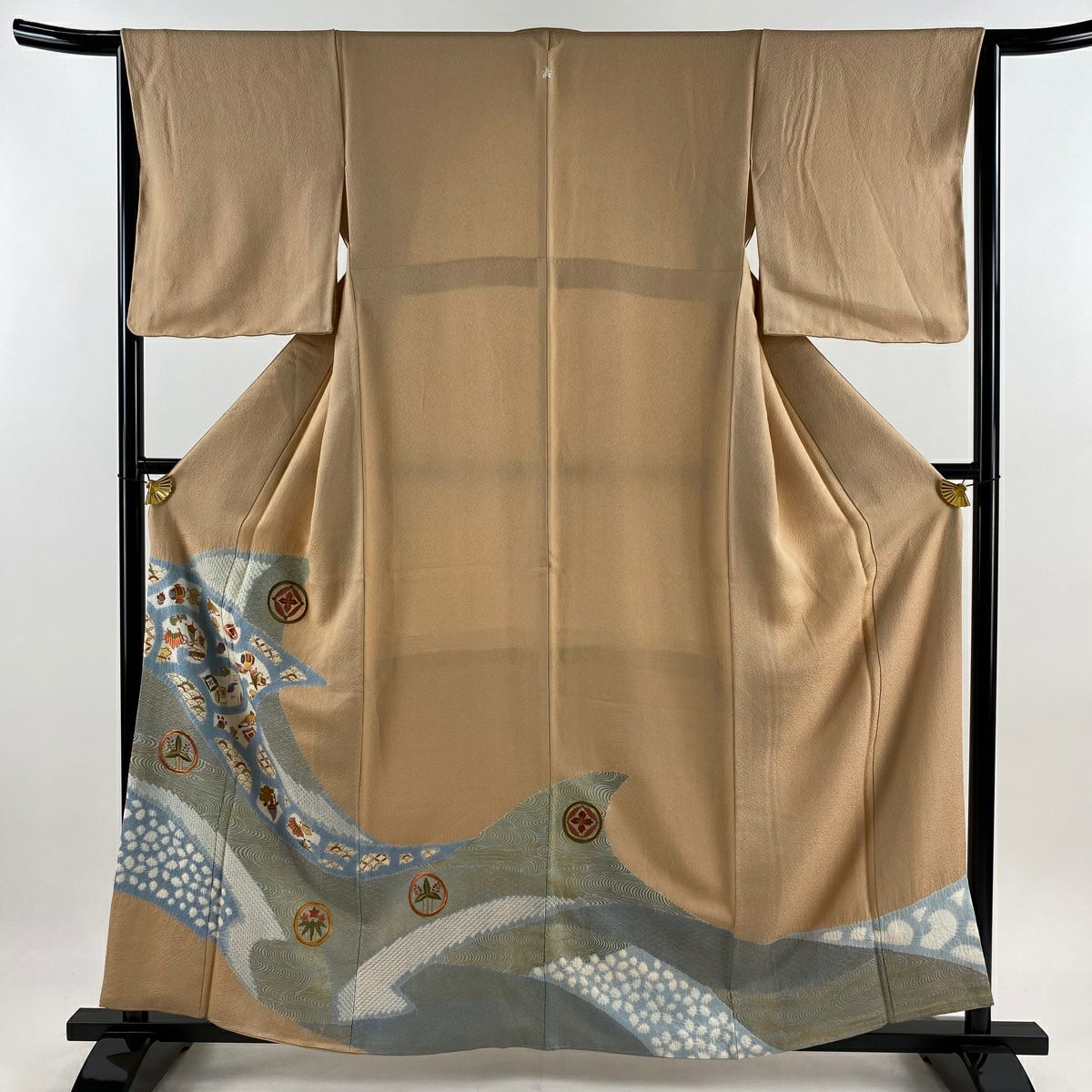 色留袖禮服 身長159cm 袖長64.5cm M 雙層 寶盡くし 青海波 絞染 刺繡 淺橙色 純蠶絲 優品級 一つ紋