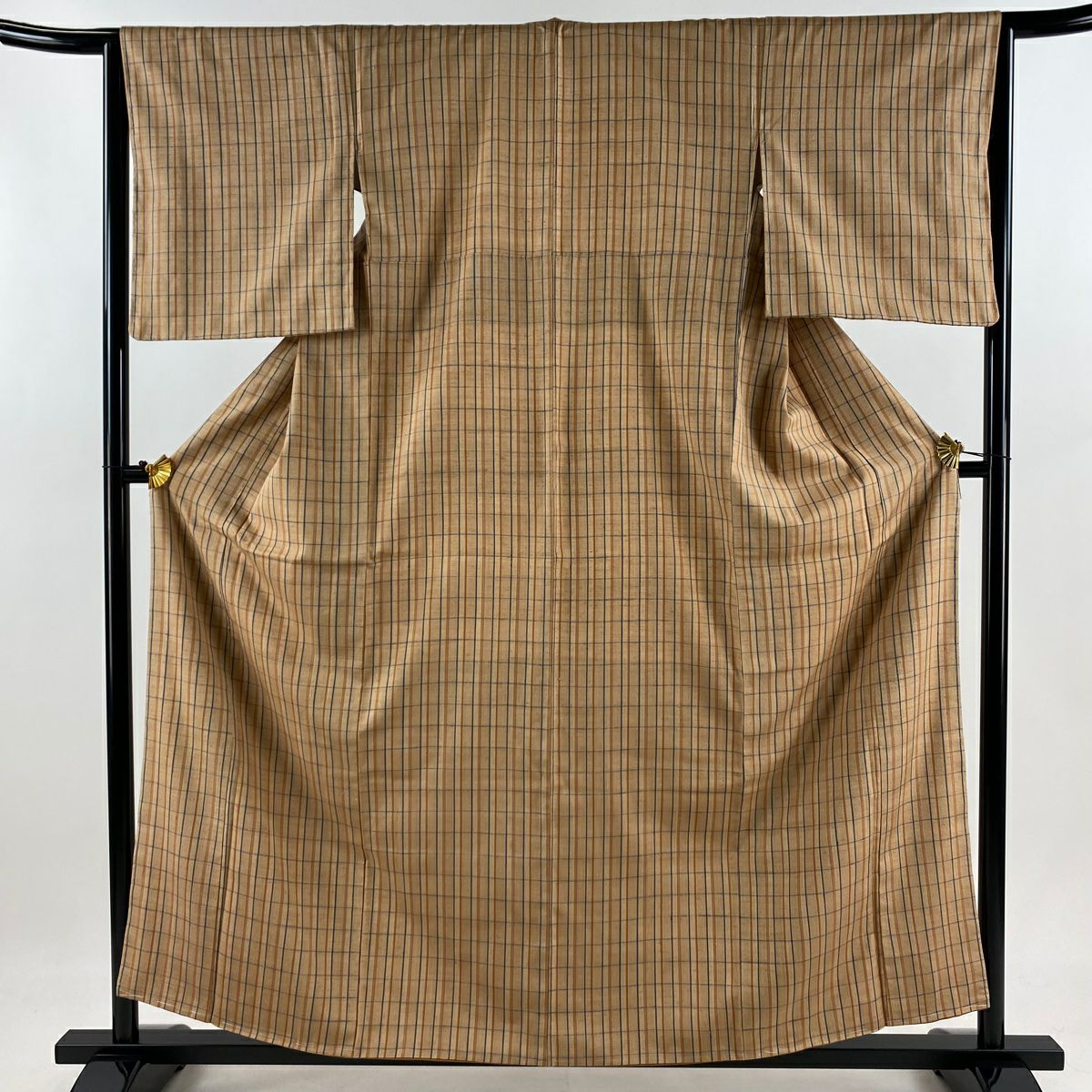 紬織 身長157.5cm 袖長64cm M 雙層 格子 薄橙 純蠶絲 美品 秀品級