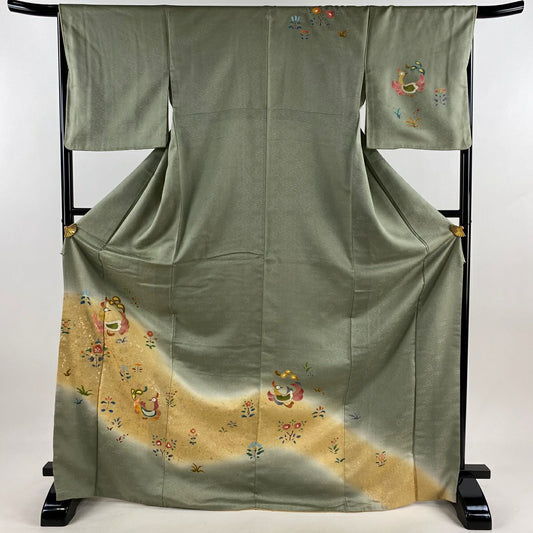 付下 身長172.5cm 袖長67cm M 雙層 鳥 草花紋 金絲 金銀彩 灰綠 純蠶絲 秀品級 一個紋