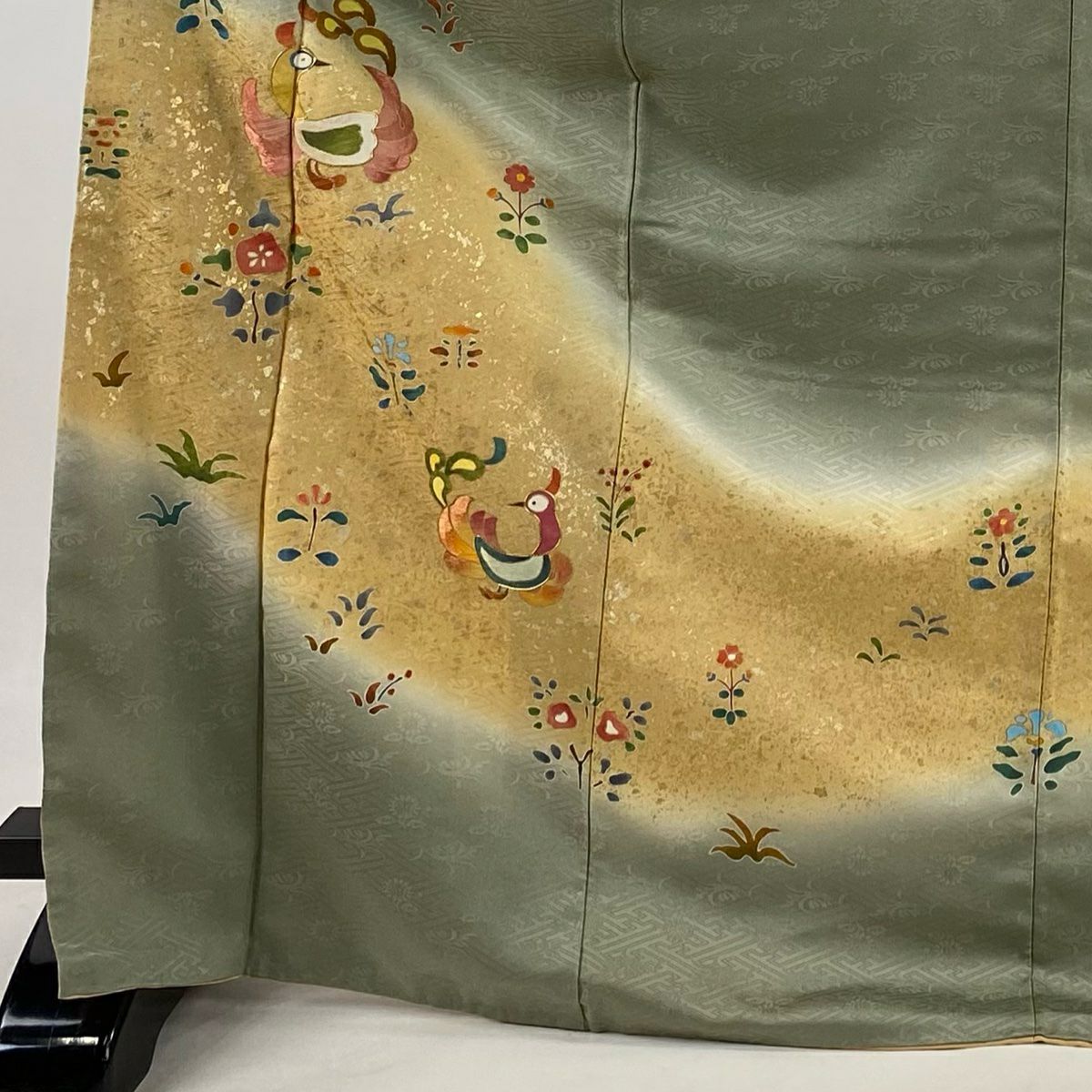 付下 身長172.5cm 袖長67cm M 雙層 鳥 草花紋 金絲 金銀彩 灰綠 純蠶絲 秀品級 一個紋