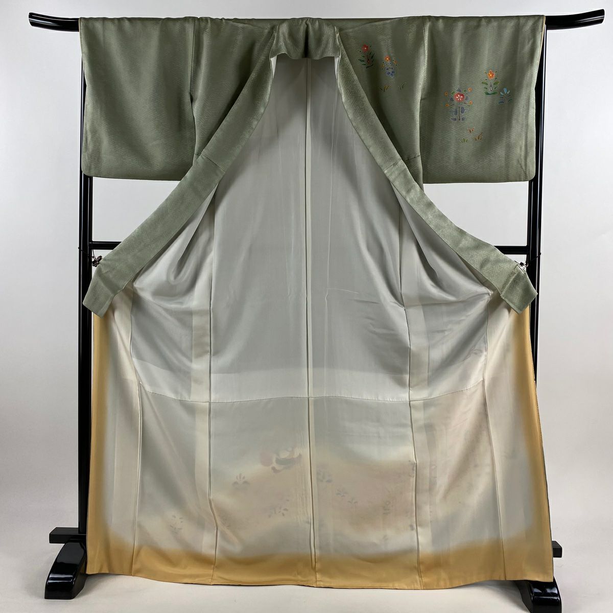 付下 身長172.5cm 袖長67cm M 雙層 鳥 草花紋 金絲 金銀彩 灰綠 純蠶絲 秀品級 一個紋