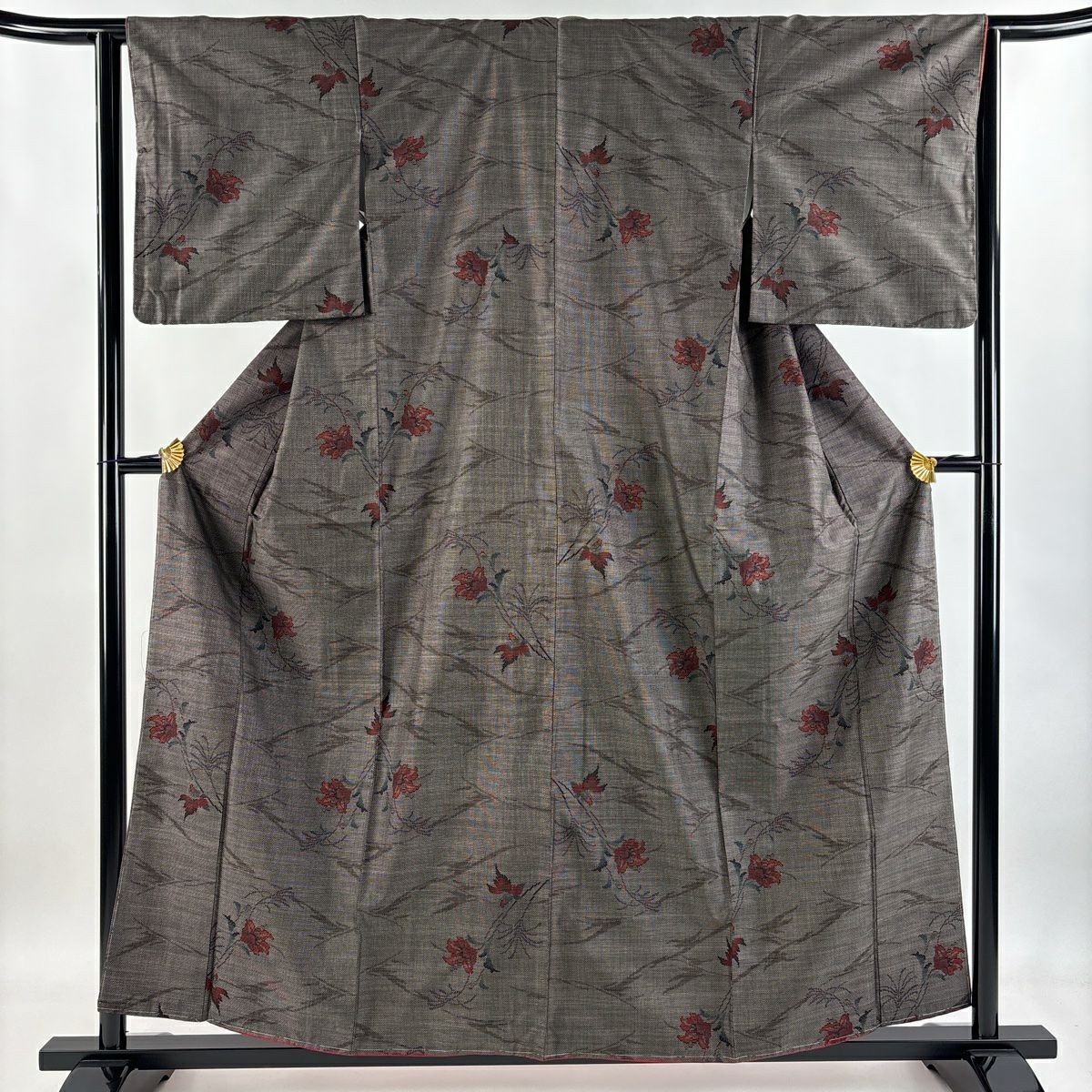 紬織 身長158cm 袖長63cm S 雙層 草花紋紋 焦茶 純蠶絲 美品 秀品級