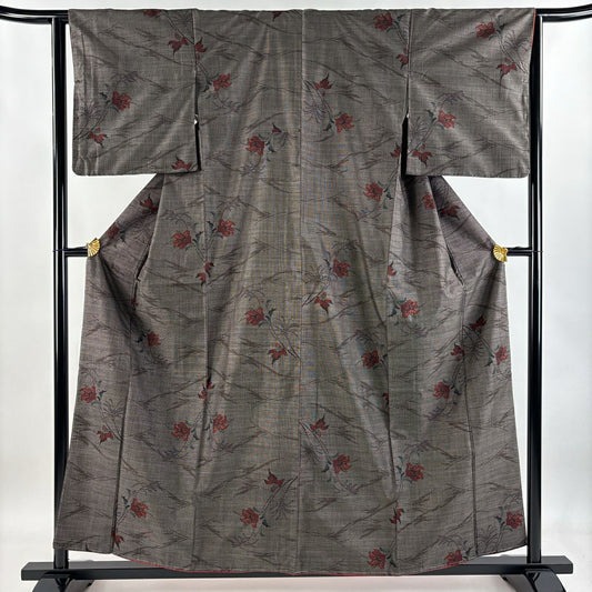 紬織 身長158cm 袖長63cm S 雙層 草花紋紋 焦茶 純蠶絲 美品 秀品級