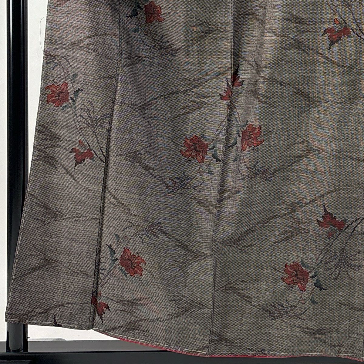 紬織 身長158cm 袖長63cm S 雙層 草花紋紋 焦茶 純蠶絲 美品 秀品級