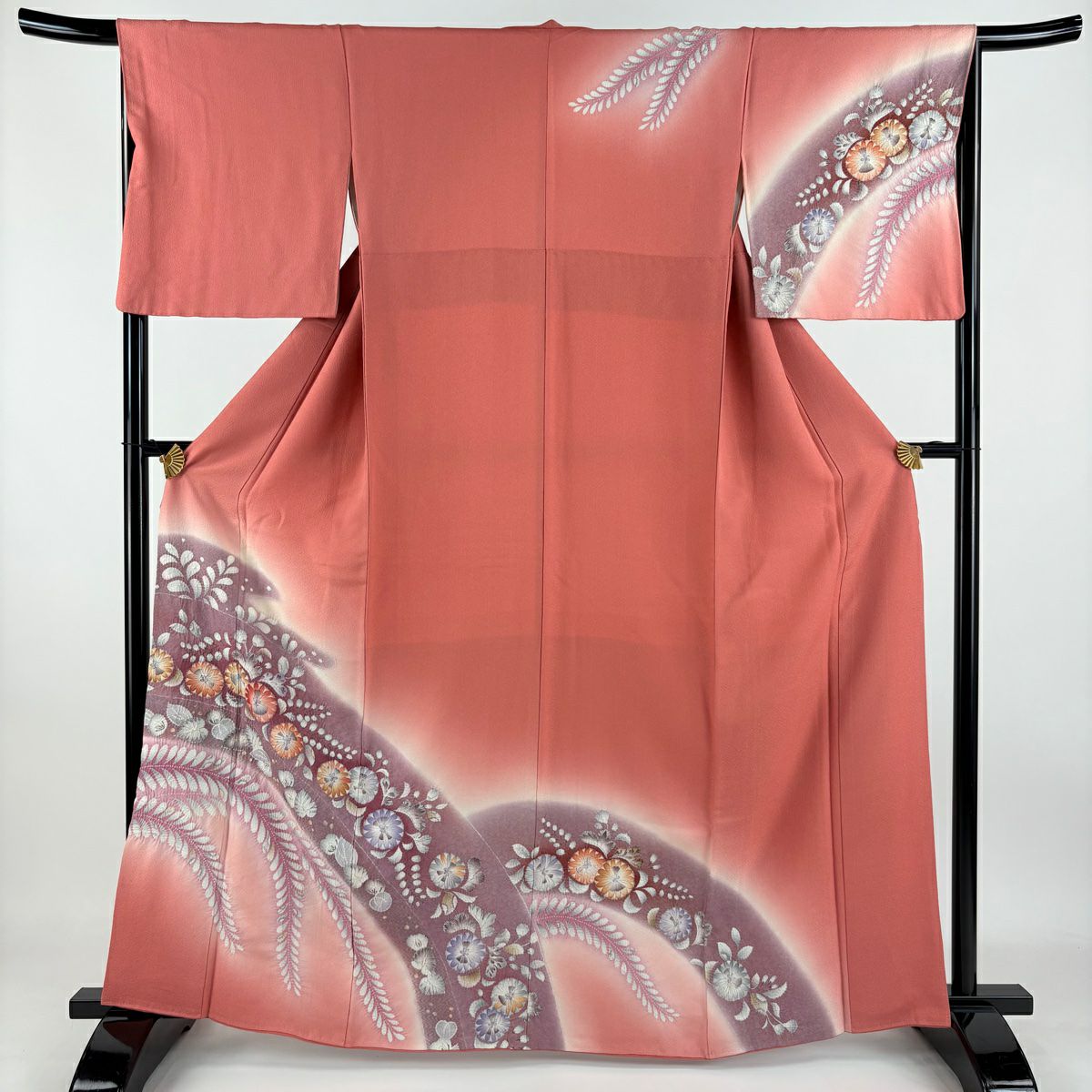 訪問服 身長162cm 袖長66.5cm M 雙層 草花紋紋 霞 絞染 漸層 深粉紅 純蠶絲 美品 秀品級