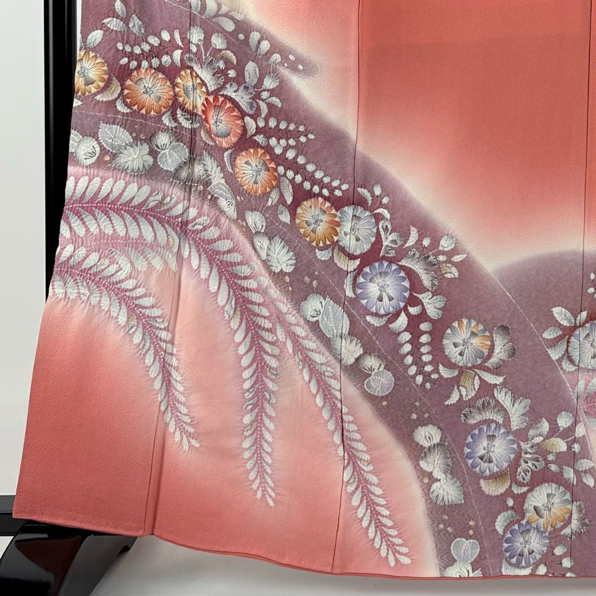訪問服 身長162cm 袖長66.5cm M 雙層 草花紋紋 霞 絞染 漸層 深粉紅 純蠶絲 美品 秀品級