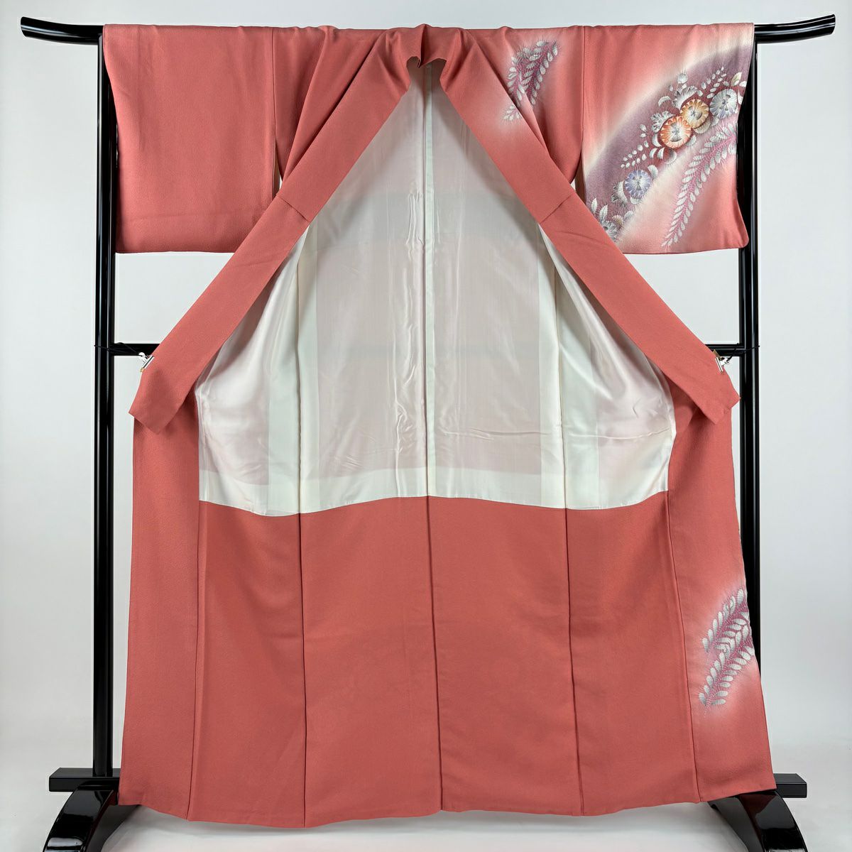 訪問服 身長162cm 袖長66.5cm M 雙層 草花紋紋 霞 絞染 漸層 深粉紅 純蠶絲 美品 秀品級
