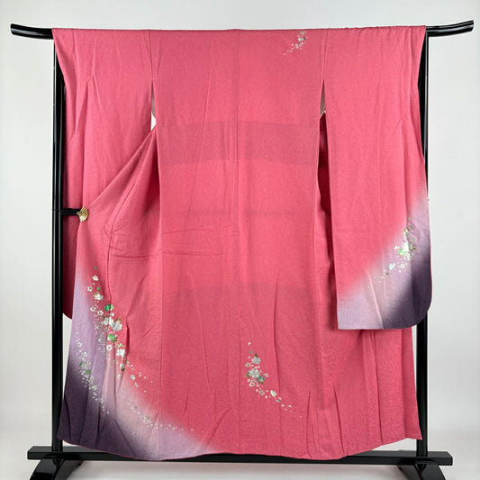 振袖禮服 身長153.5cm 袖長65cm M 雙層 草花紋紋櫻花 金銀彩 漸層 粉紅 純蠶絲 優品級