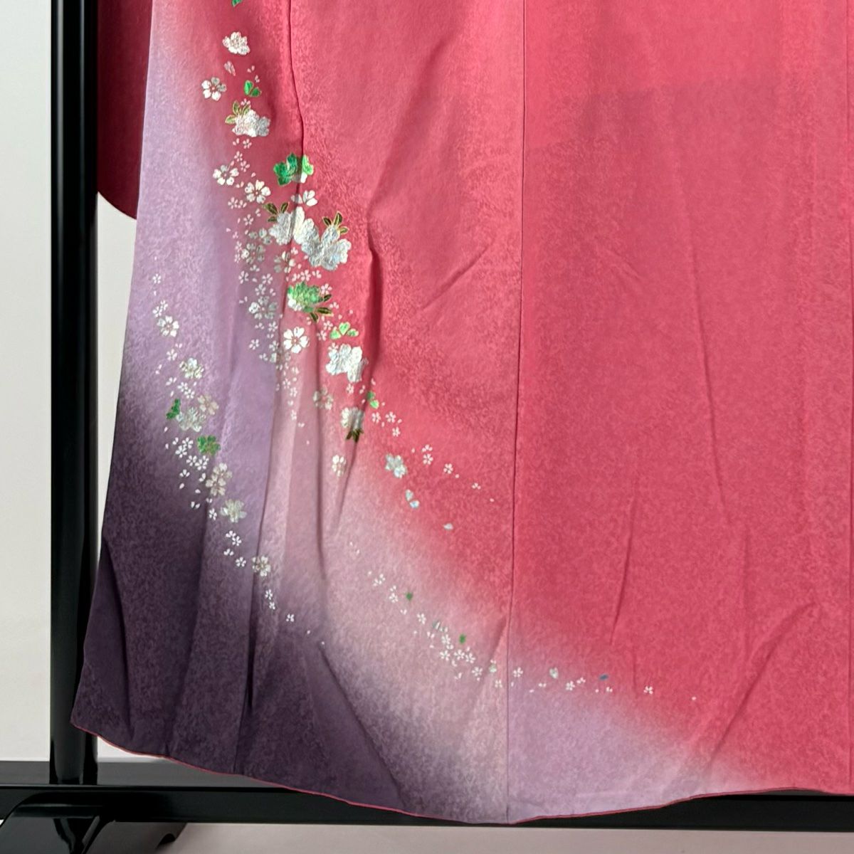 振袖禮服 身長153.5cm 袖長65cm M 雙層 草花紋紋櫻花 金銀彩 漸層 粉紅 純蠶絲 優品級