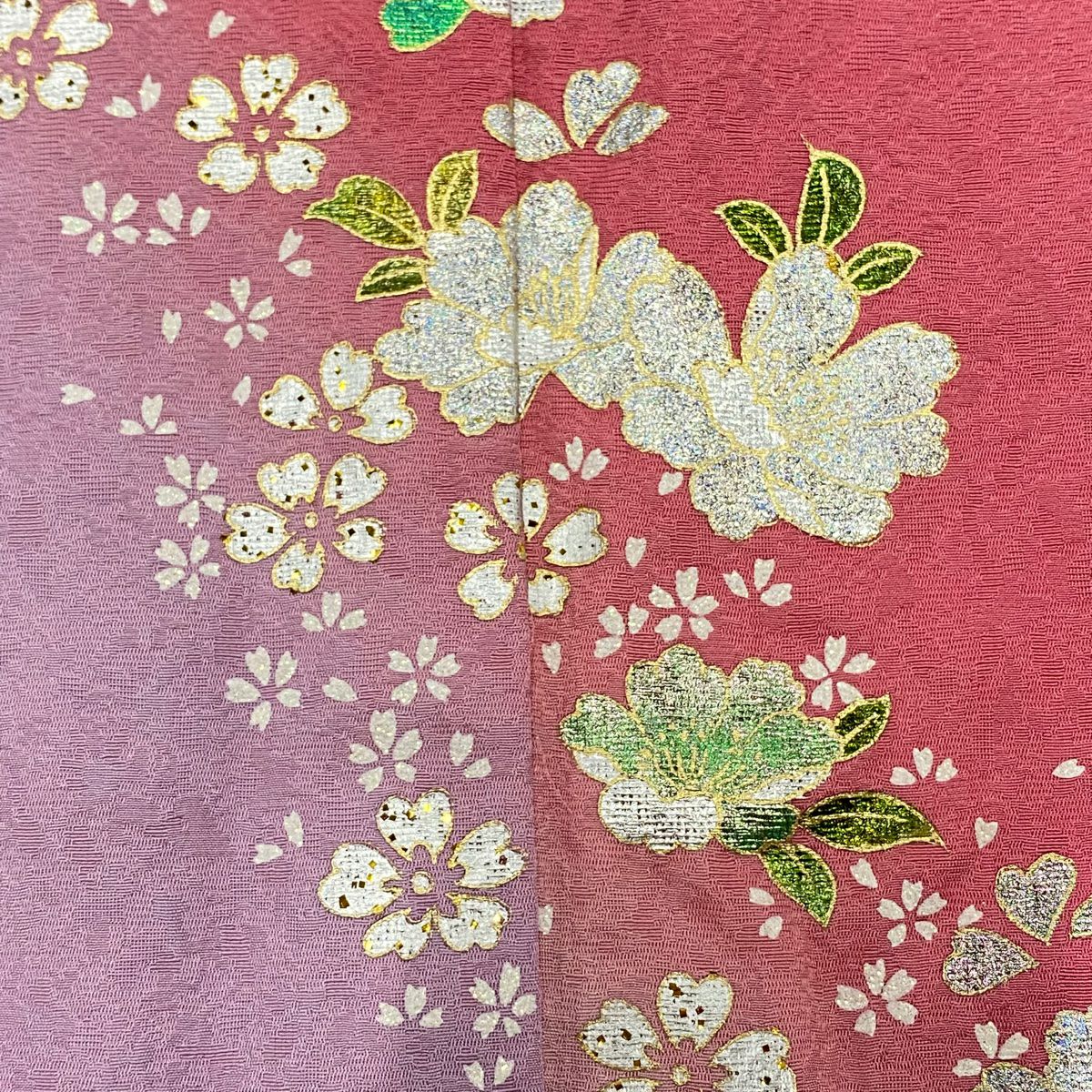 振袖禮服 身長153.5cm 袖長65cm M 雙層 草花紋紋櫻花 金銀彩 漸層 粉紅 純蠶絲 優品級