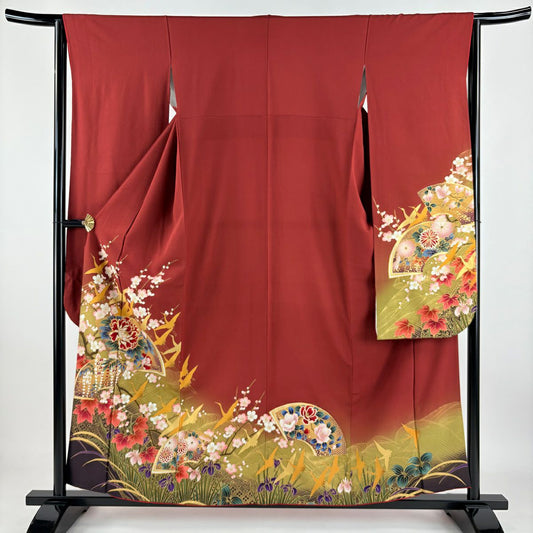 振袖禮服 身長157.5cm 袖長63.5cm S 雙層 扇子面 牡丹 金絲 金銀彩 紅茶 純蠶絲 秀品級