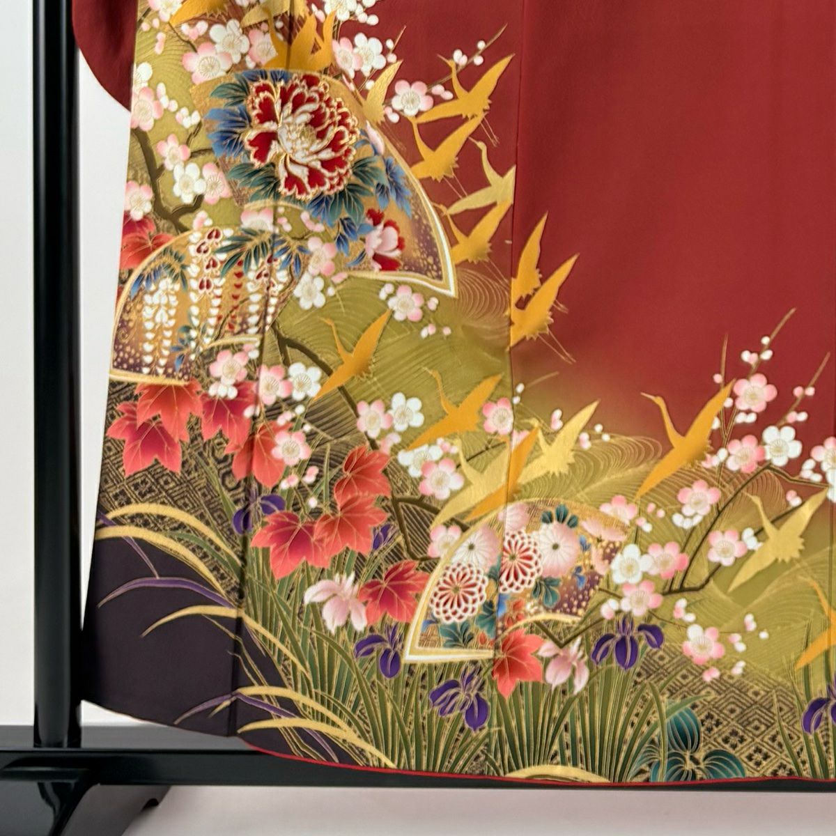 振袖禮服 身長157.5cm 袖長63.5cm S 雙層 扇子面 牡丹 金絲 金銀彩 紅茶 純蠶絲 秀品級