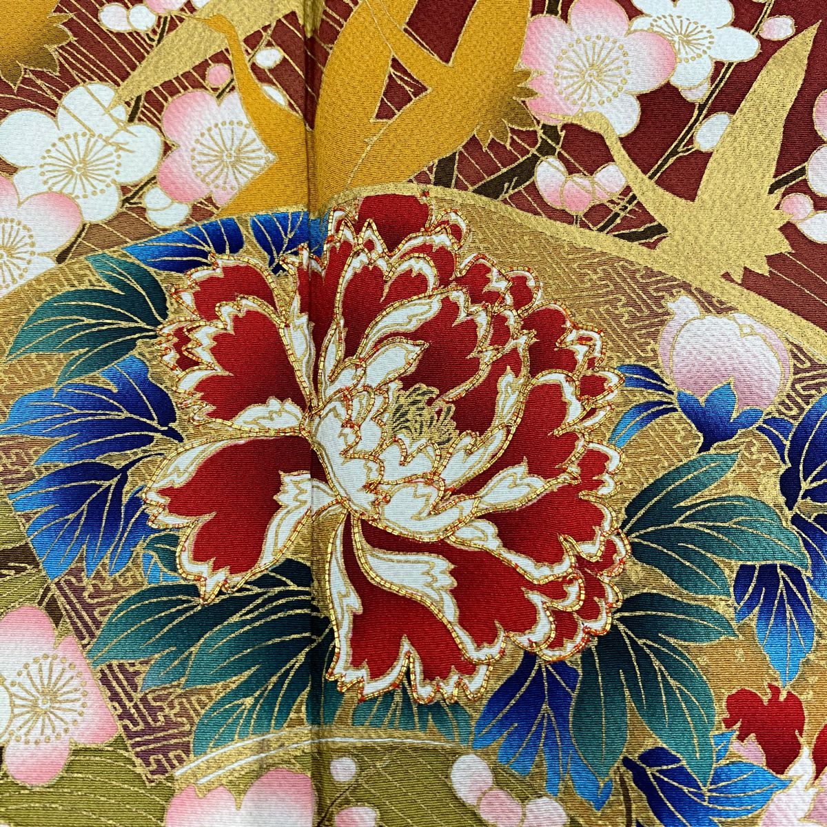 振袖禮服 身長157.5cm 袖長63.5cm S 雙層 扇子面 牡丹 金絲 金銀彩 紅茶 純蠶絲 秀品級