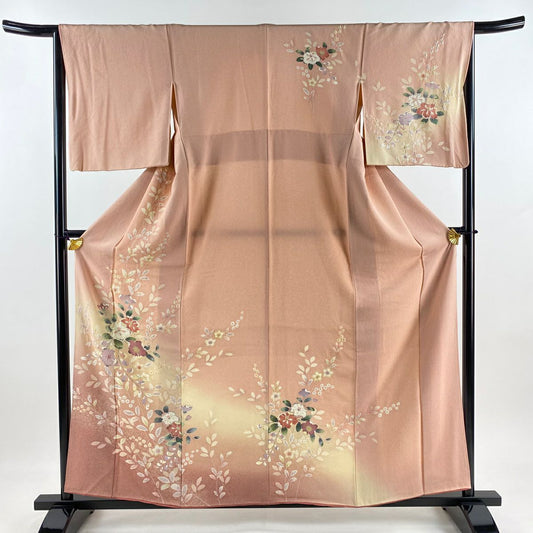 付下 身長158.5cm 袖長65cm M 雙層 草花紋紋 絞染 漸層 粉米色 純蠶絲 優品級