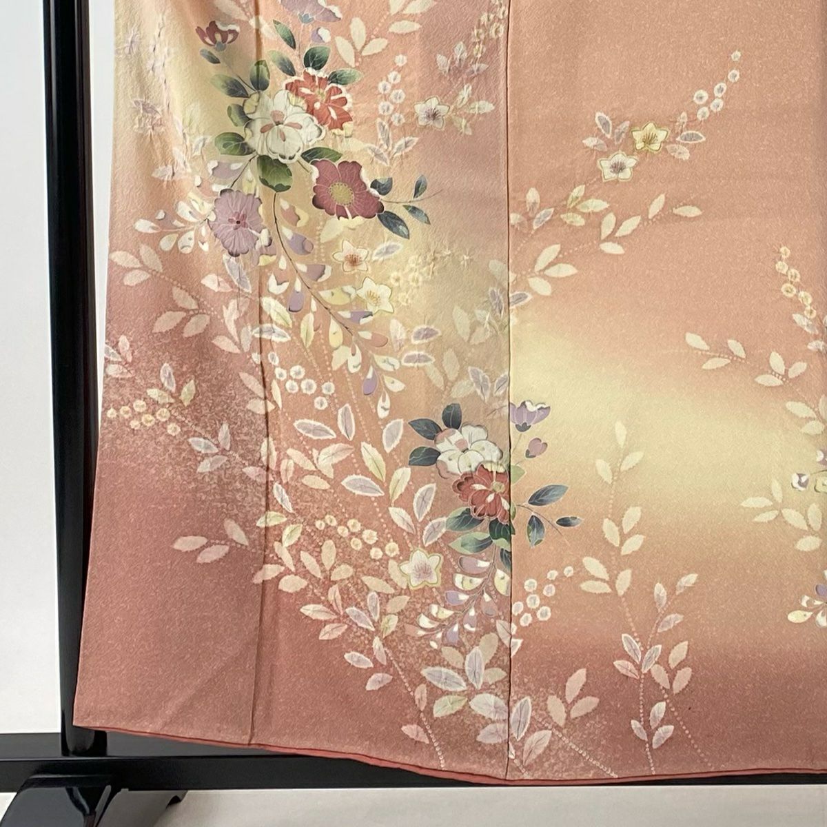 付下 身長158.5cm 袖長65cm M 雙層 草花紋紋 絞染 漸層 粉米色 純蠶絲 優品級