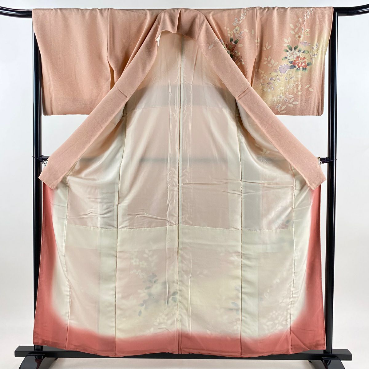 付下 身長158.5cm 袖長65cm M 雙層 草花紋紋 絞染 漸層 粉米色 純蠶絲 優品級