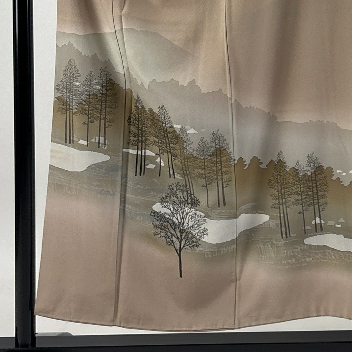 付下 身長153cm 袖長64cm M 雙層 有落款 樹木 山 逐漸淡化 薄茶 純蠶絲 優品級 一個紋