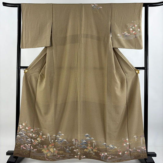 訪問服 身長161cm 袖長63cm S 雙層 ますいわ屋 草花紋紋 波 金銀彩 金線 茶 純蠶絲 秀品級