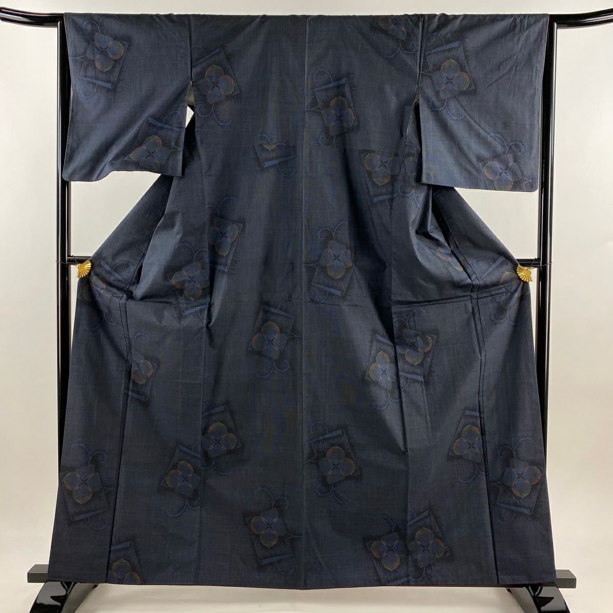 紬織 身長162cm 袖長64.5cm M 雙層 色紙 花 深藍 純蠶絲 秀品級