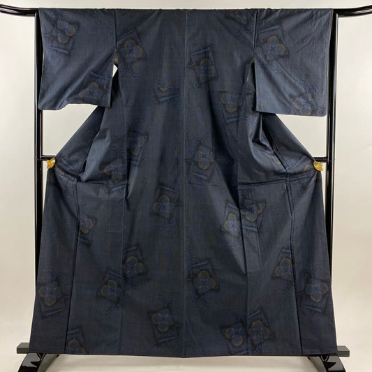 紬織 身長162cm 袖長64.5cm M 雙層 色紙 花 深藍 純蠶絲 秀品級