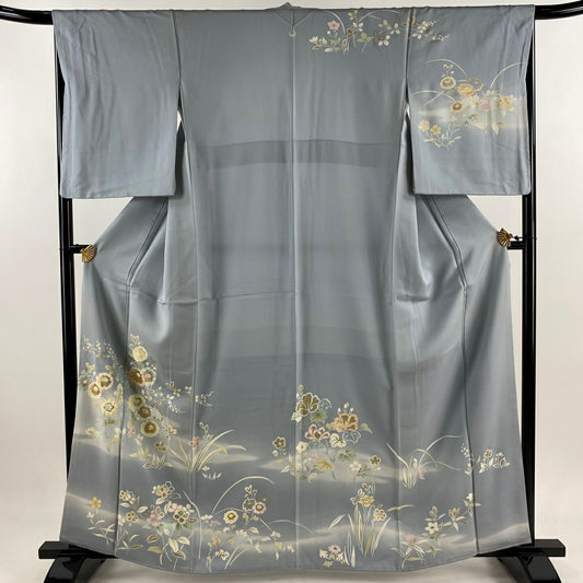 訪問服 身長162cm 袖長66cm M 雙層 萬壽菊花 草花紋紋 金彩裝飾 漸層 青灰 純蠶絲 秀品級 一つ紋