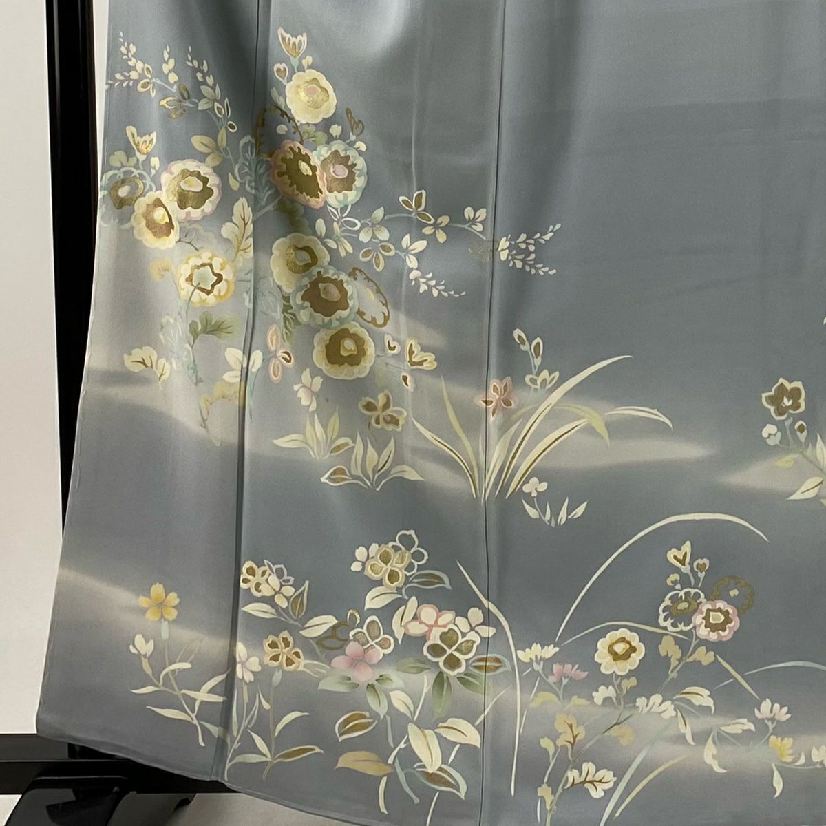 訪問服 身長162cm 袖長66cm M 雙層 萬壽菊花 草花紋紋 金彩裝飾 漸層 青灰 純蠶絲 秀品級 一つ紋