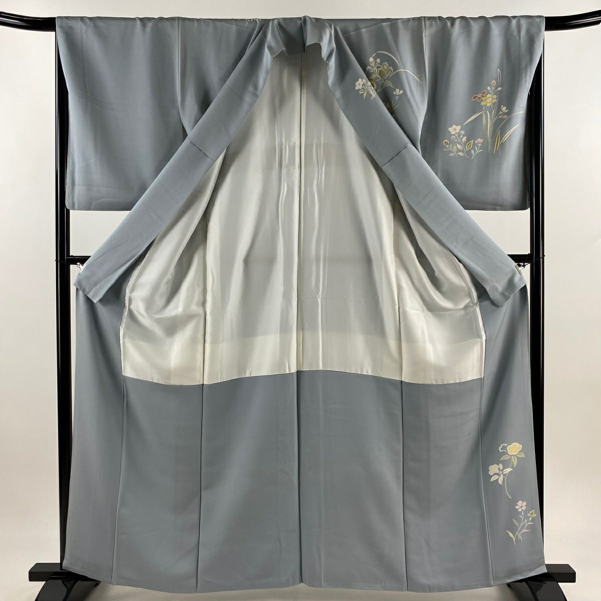 訪問服 身長162cm 袖長66cm M 雙層 萬壽菊花 草花紋紋 金彩裝飾 漸層 青灰 純蠶絲 秀品級 一つ紋