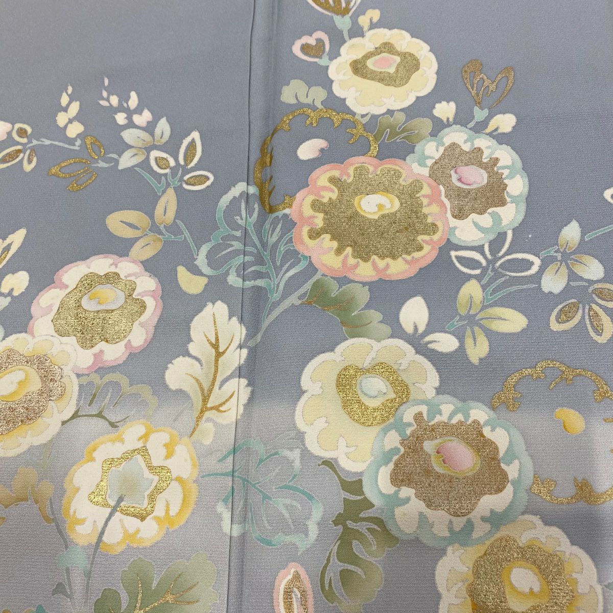 訪問服 身長162cm 袖長66cm M 雙層 萬壽菊花 草花紋紋 金彩裝飾 漸層 青灰 純蠶絲 秀品級 一つ紋