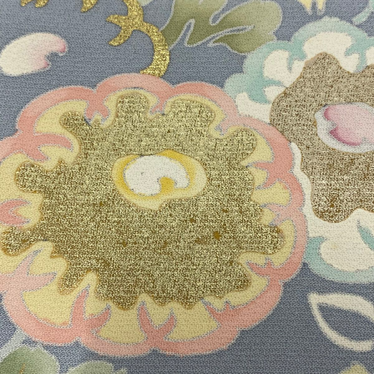 訪問服 身長162cm 袖長66cm M 雙層 萬壽菊花 草花紋紋 金彩裝飾 漸層 青灰 純蠶絲 秀品級 一つ紋