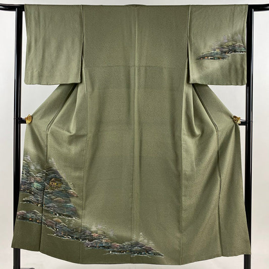 付下 身長150cm 袖長62.5cm S 雙層 家屋 松樹 金銀彩 漸層 灰綠 純蠶絲 美品 秀品級