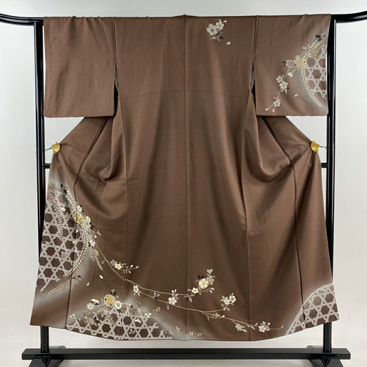 付下 身長150.5cm 袖長63cm S 雙層 櫻花 籠目 金絲 金銀彩 焦茶 純蠶絲 秀品級