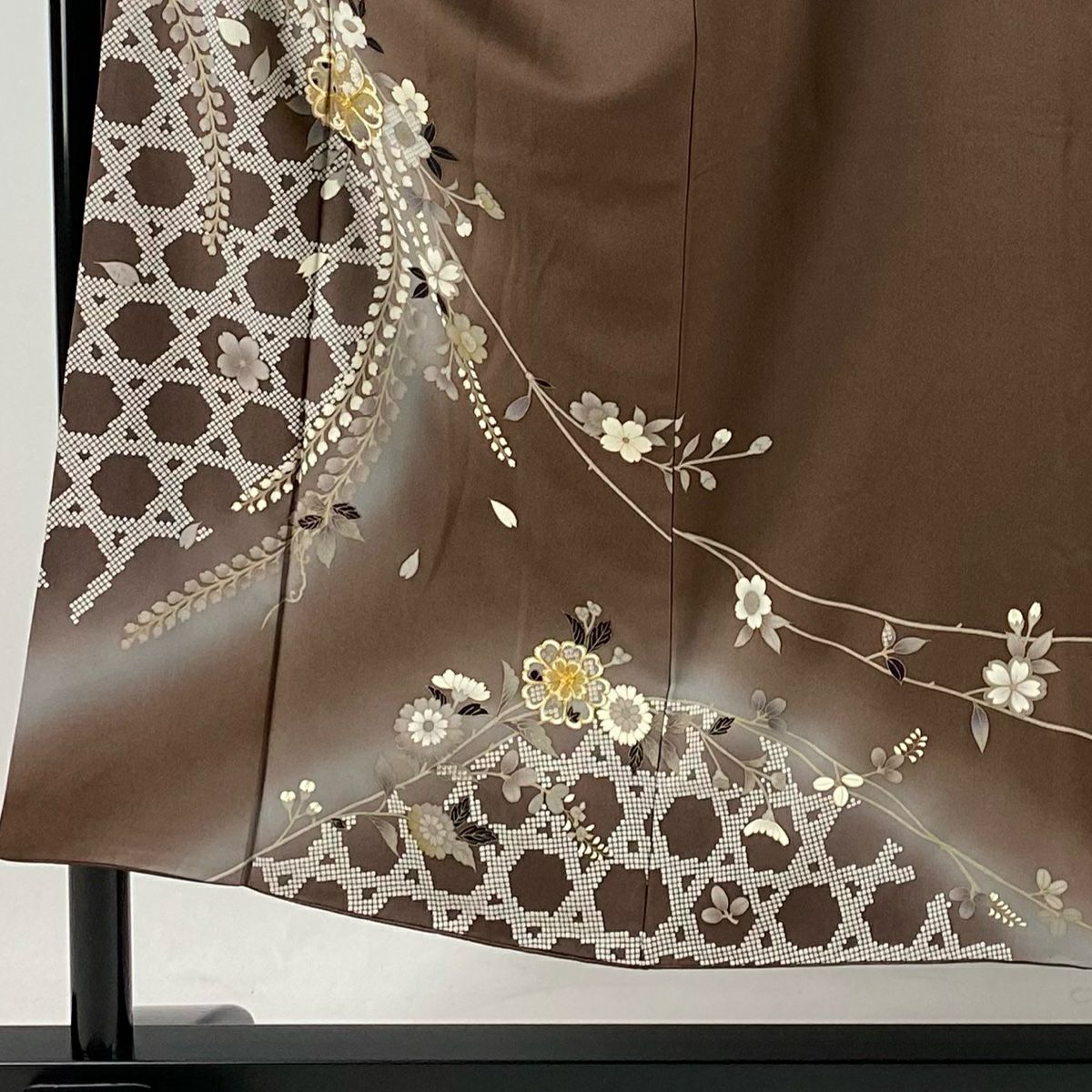 付下 身長150.5cm 袖長63cm S 雙層 櫻花 籠目 金絲 金銀彩 焦茶 純蠶絲 秀品級