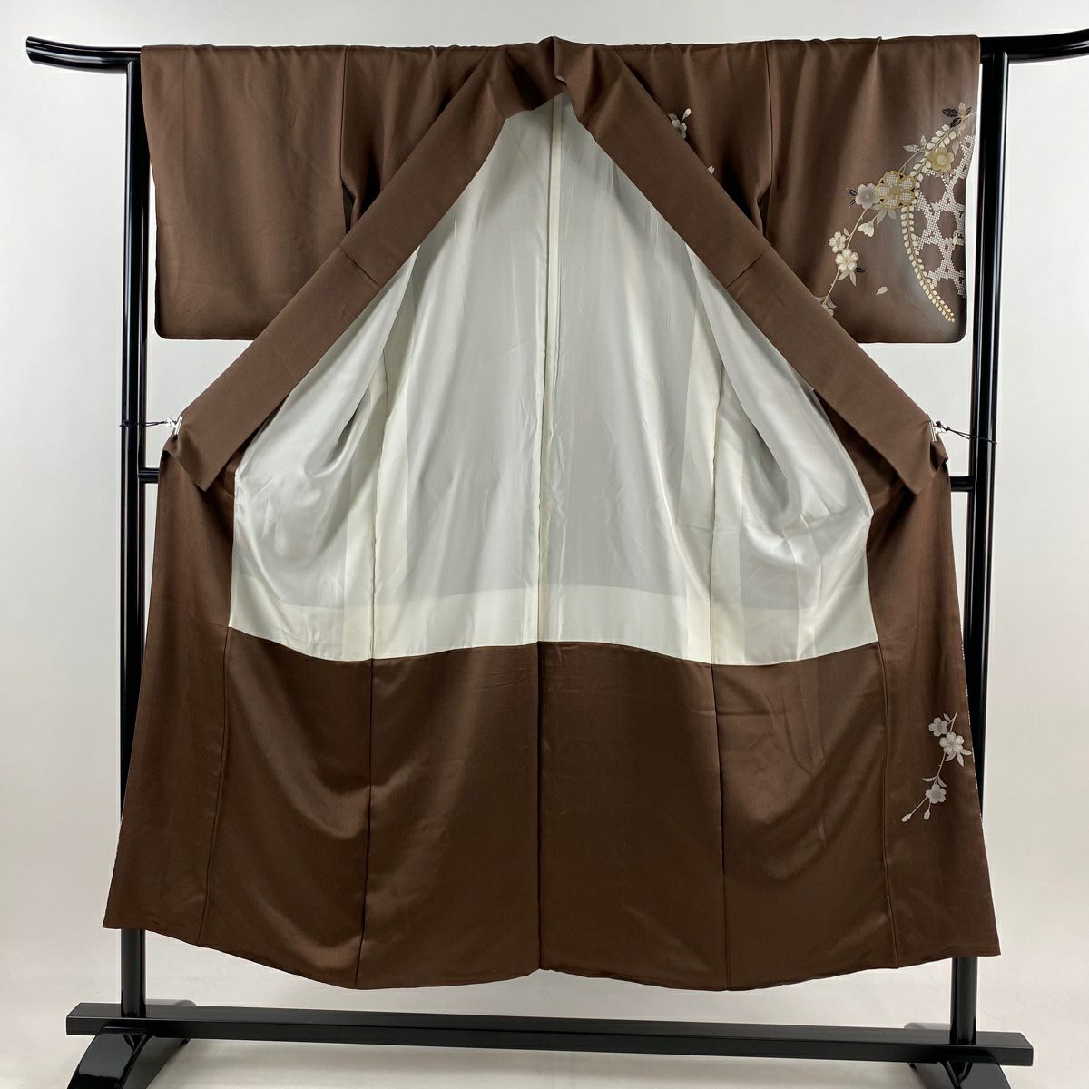 付下 身長150.5cm 袖長63cm S 雙層 櫻花 籠目 金絲 金銀彩 焦茶 純蠶絲 秀品級