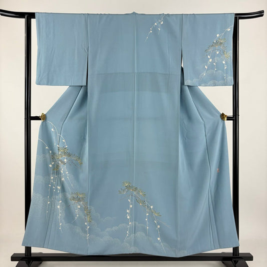 【清倉特賣】訪問服 身長154cm 袖長63cm S 雙層 藤舟 落款あり 若松樹 梅花 漸層 水藍 純蠶絲 名品級