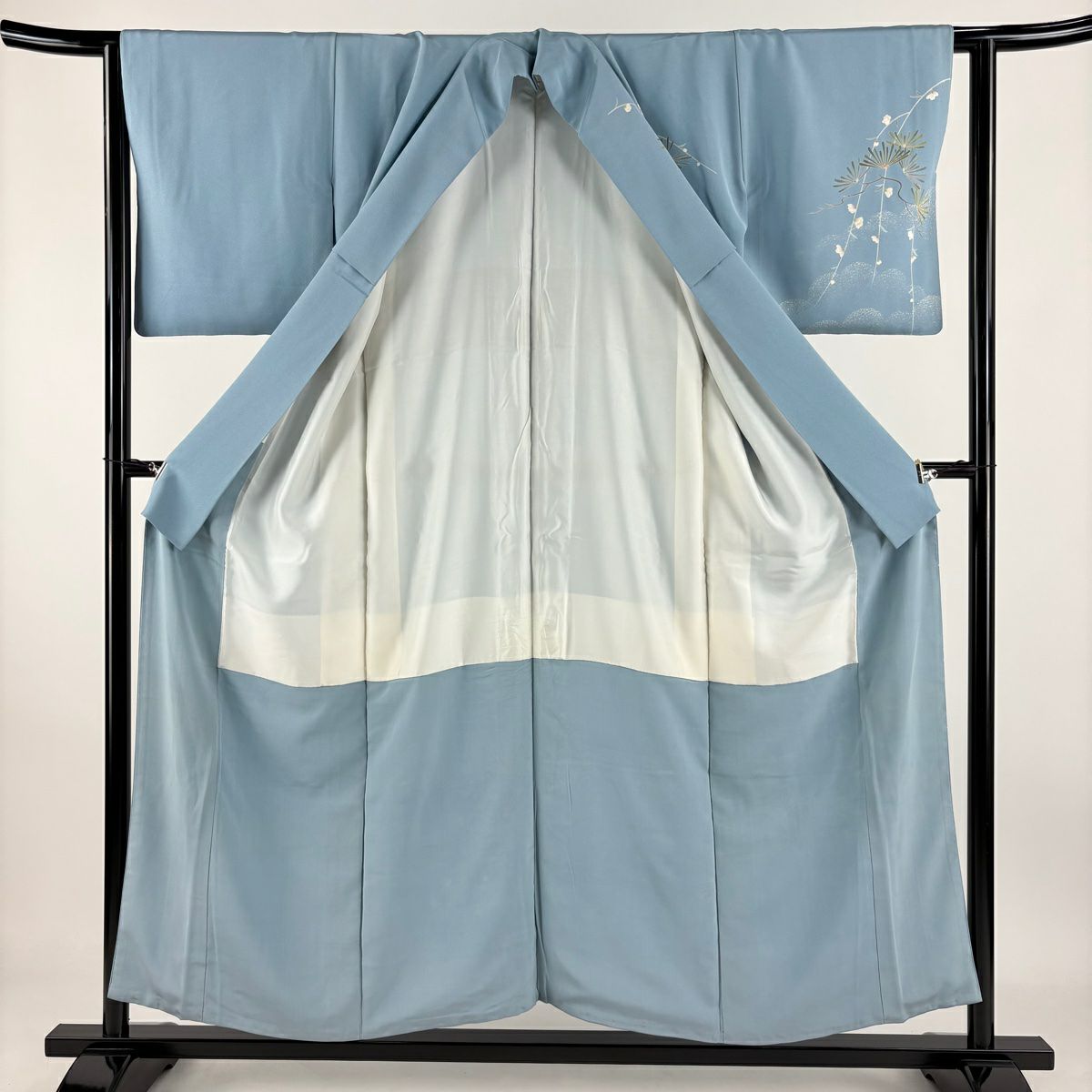 【清倉特賣】訪問服 身長154cm 袖長63cm S 雙層 藤舟 落款あり 若松樹 梅花 漸層 水藍 純蠶絲 名品級