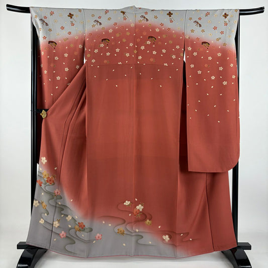 振袖禮服 身長162cm 袖長66cm M 雙層 櫻花 流水 金絲 金銀彩 茜 純蠶絲 美品 名品級