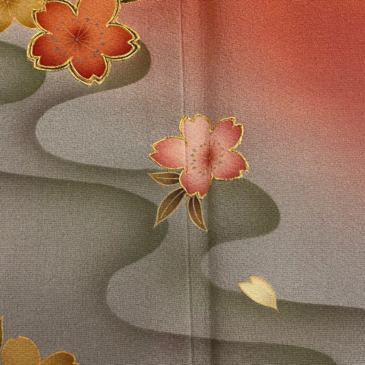 振袖禮服 身長162cm 袖長66cm M 雙層 櫻花 流水 金絲 金銀彩 茜 純蠶絲 美品 名品級