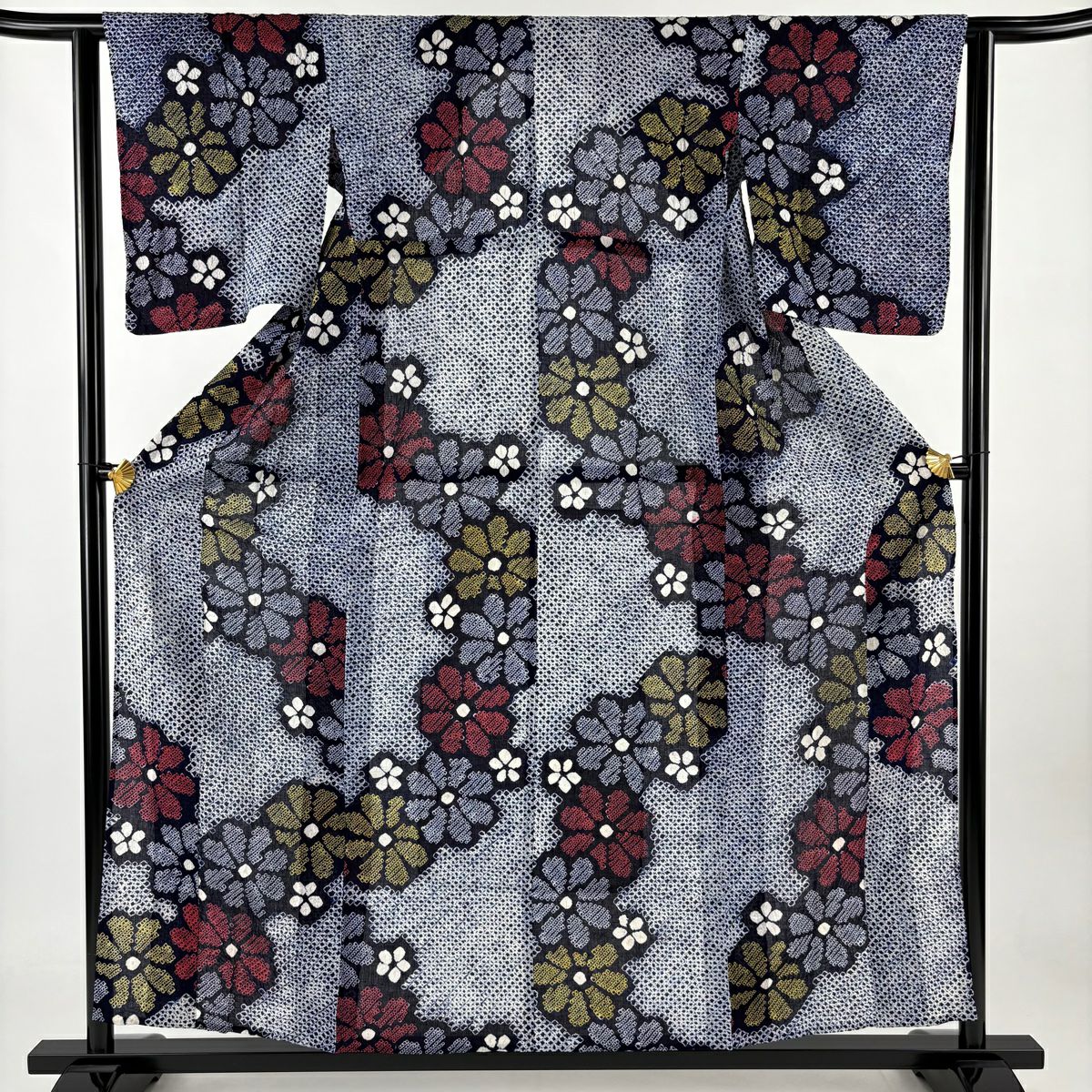 浴衣 身長157cm 袖長61cm S 絞染浴衣 菊花 梅花 深藍 純棉 名品級