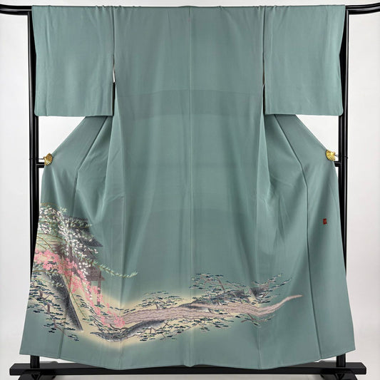 【庫存清倉】 留袖禮服禮服 身長154.5cm 袖長65.5cm M 雙層 杉浦伸 作品有款枝花 建物 漸層 灰綠 純蠶絲 名品級 一個紋