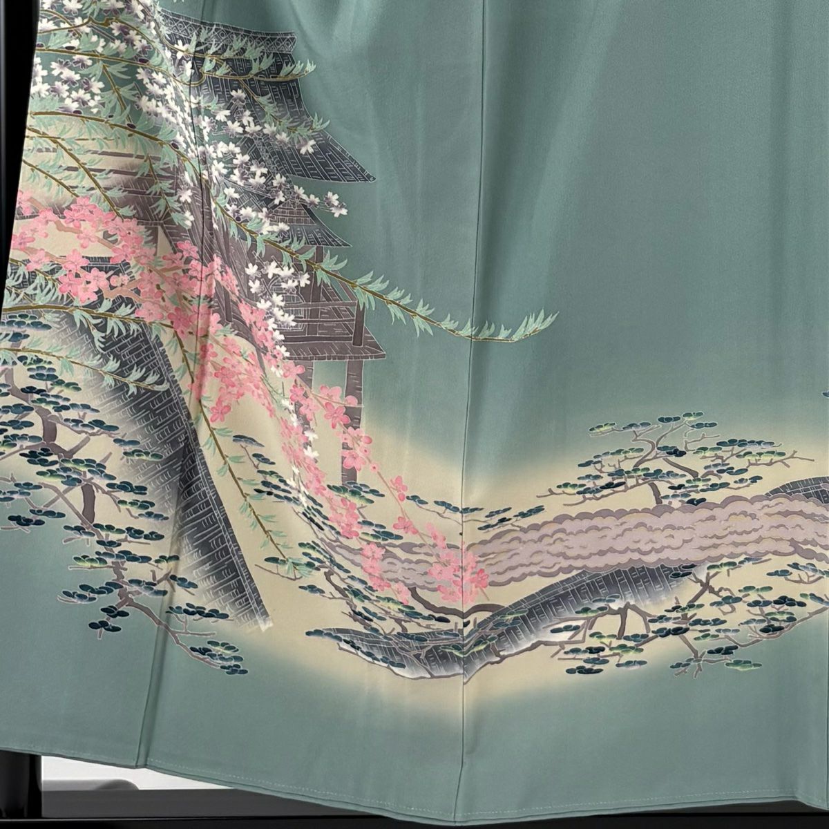【庫存清倉】 留袖禮服禮服 身長154.5cm 袖長65.5cm M 雙層 杉浦伸 作品有款枝花 建物 漸層 灰綠 純蠶絲 名品級 一個紋